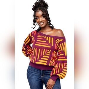 Patterned Off-Shoulder Sweater - Purple and Yellow Size 1X
